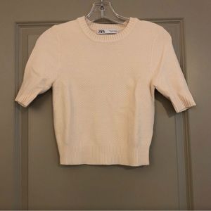 Zara Cream Fitted Short Sleeve Cropped Sweater